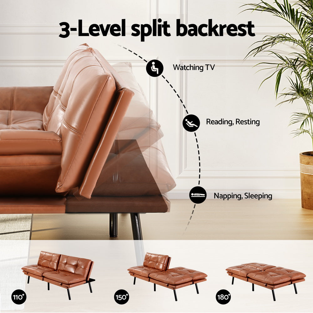 3-Seater Split Back PU Leather Sofa Bed – Brown showing adjustable 3-level split backrest for sitting, resting, and sleeping.