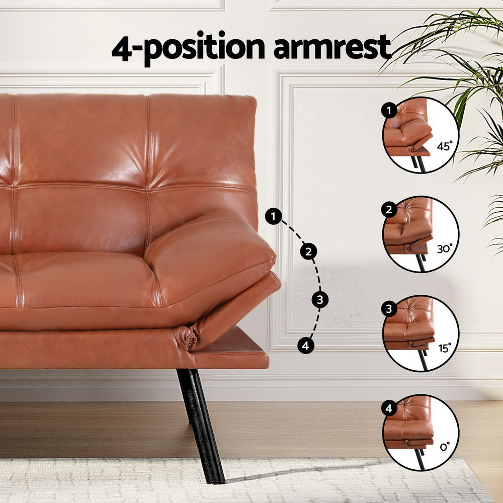 3-Seater Split Back PU Leather Sofa Bed – Brown with adjustable 4-position armrest shown in tan room setting