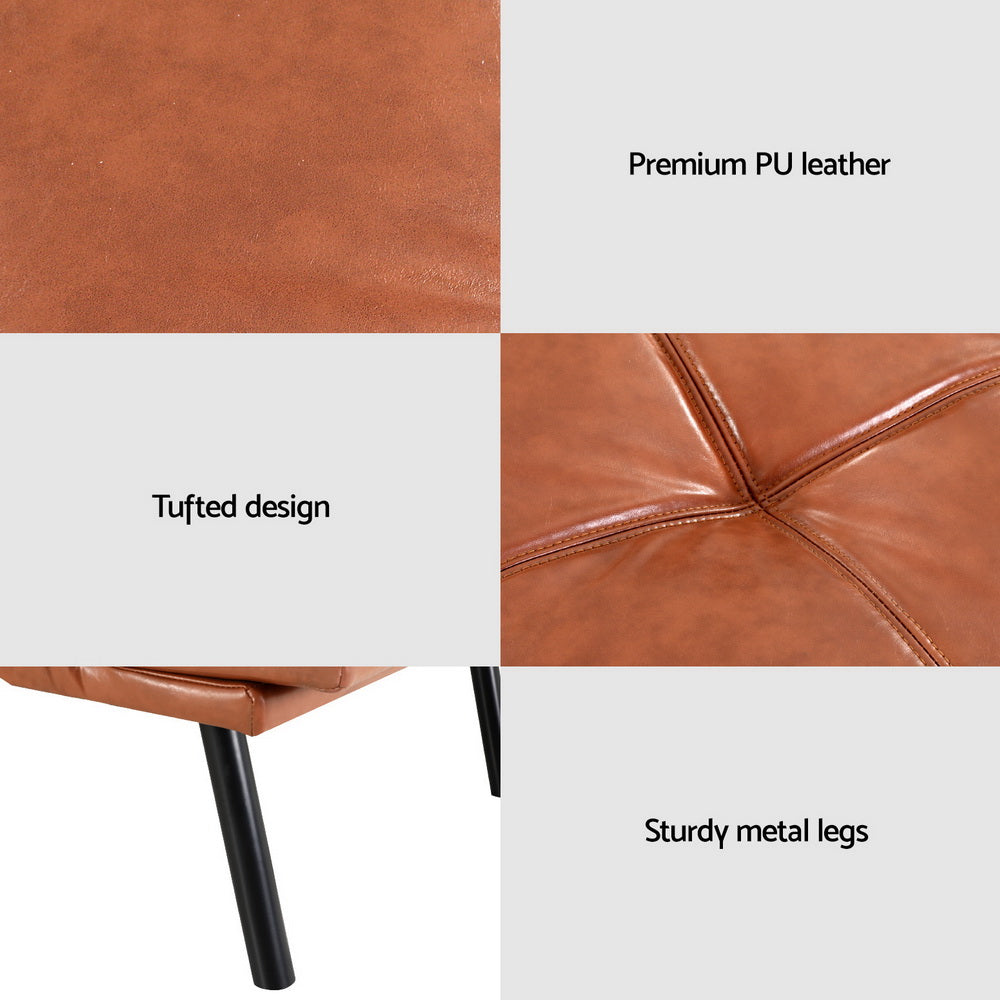 3-Seater Split Back PU Leather Sofa Bed – Brown with tufted PU leather upholstery and sturdy black metal legs detail close-up