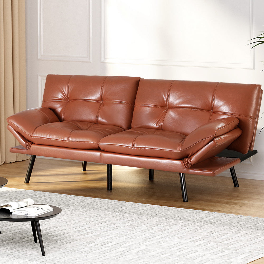 3-Seater Split Back PU Leather Sofa Bed – Brown with tufted cushions and angled armrests in a modern living room setting