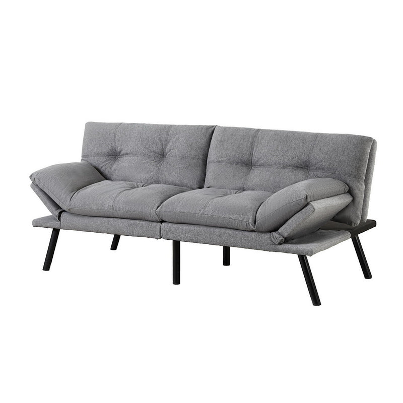 3-Seater Split Back Linen Fabric Sofa Bed – Grey with tufted cushions and black angled legs on white background