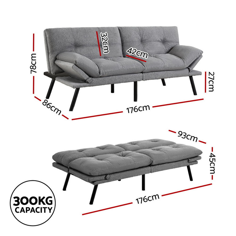 3-Seater Split Back Linen Fabric Sofa Bed – Grey with tufted cushions, metal legs, foldable design, and 300kg capacity measurement diagram