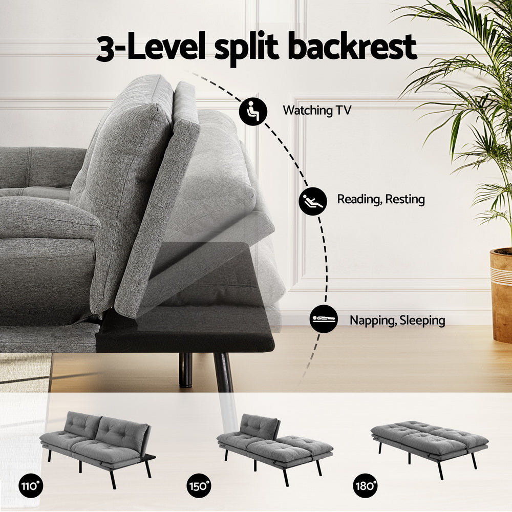 3-Seater Split Back Linen Fabric Sofa Bed – Grey