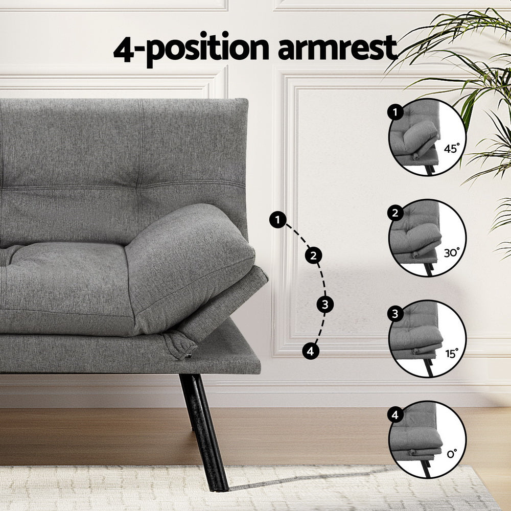 3-Seater Split Back Linen Fabric Sofa Bed – Grey showing adjustable 4-position armrest with grey upholstery and black legs