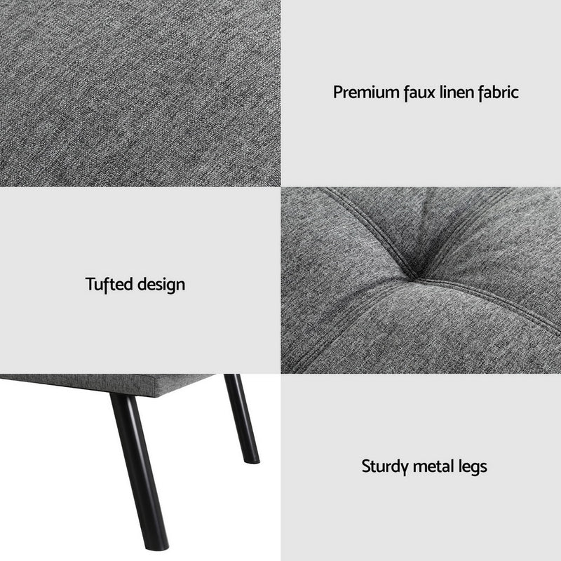 3-Seater Split Back Linen Fabric Sofa Bed – Grey with premium faux linen, tufted design, and sturdy metal legs close-up details
