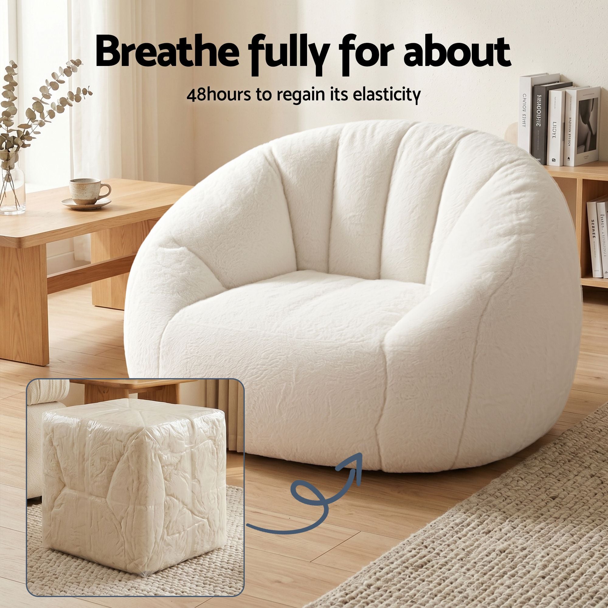 Single Small Boneless Comfy Bean Bag Couch with Faux Fur - White