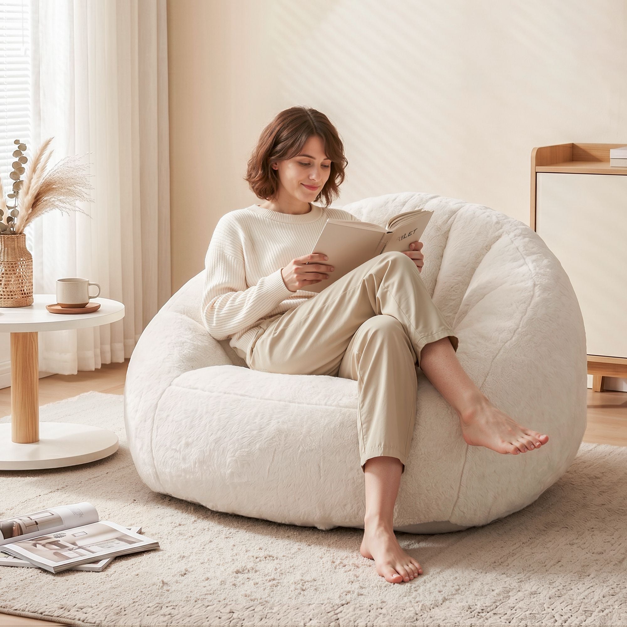 Single Small Boneless Comfy Bean Bag Couch with Faux Fur - White