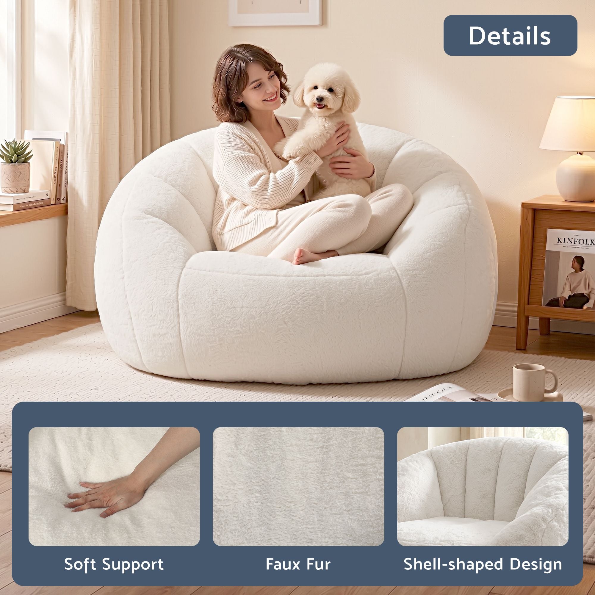 Single Small Boneless Comfy Bean Bag Couch with Faux Fur - White
