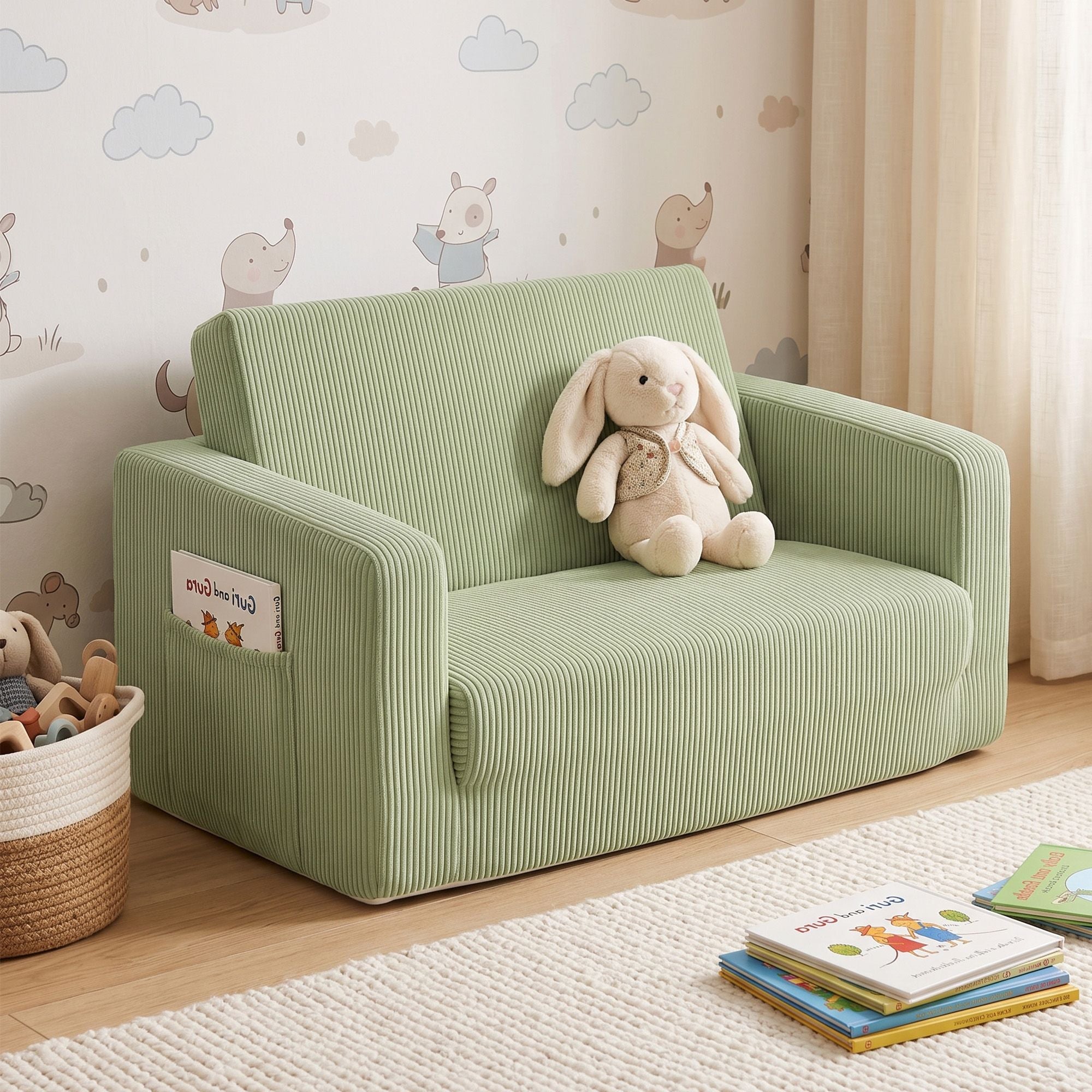 2-in-1 Foam Sofa Couch with Side Pocket - Light Green
