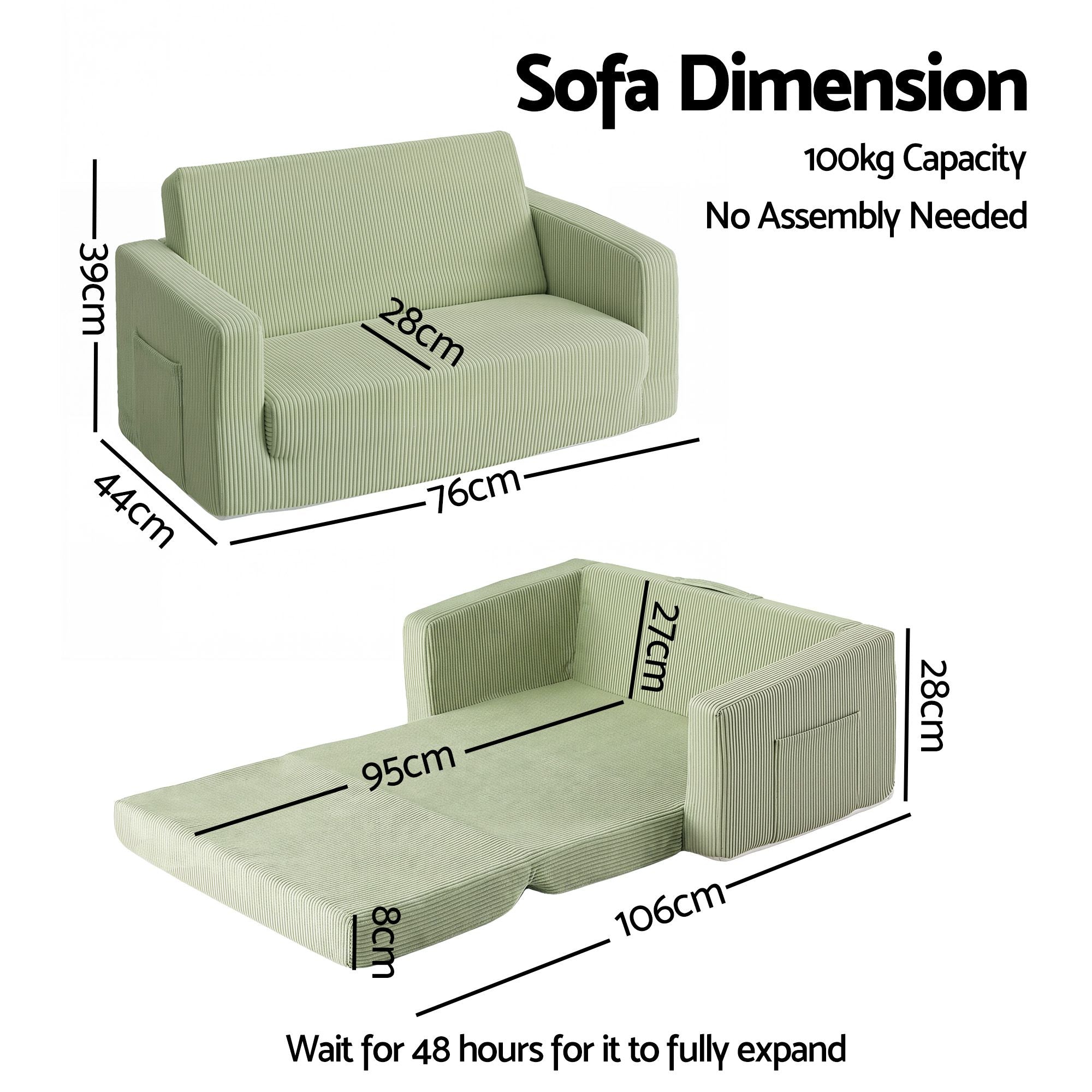 2-in-1 Foam Sofa Couch with Side Pocket - Light Green