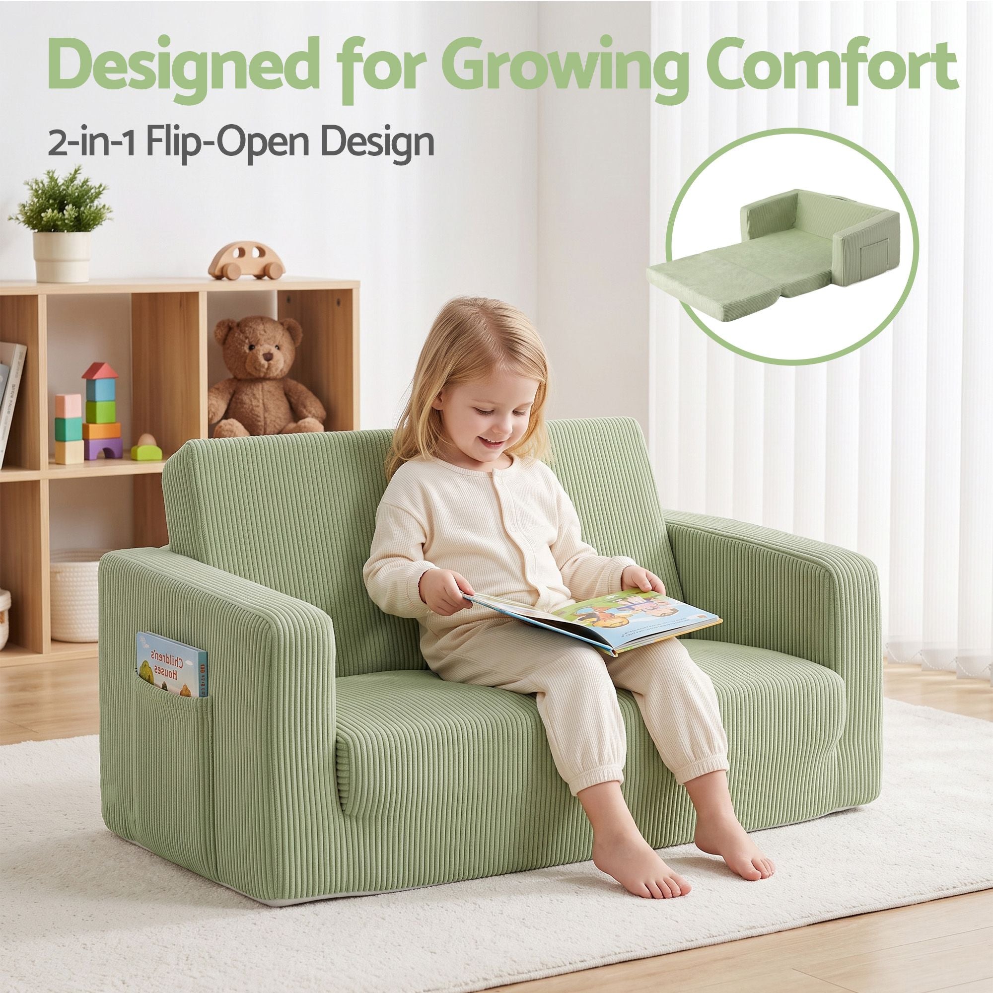 2-in-1 Foam Sofa Couch with Side Pocket - Light Green