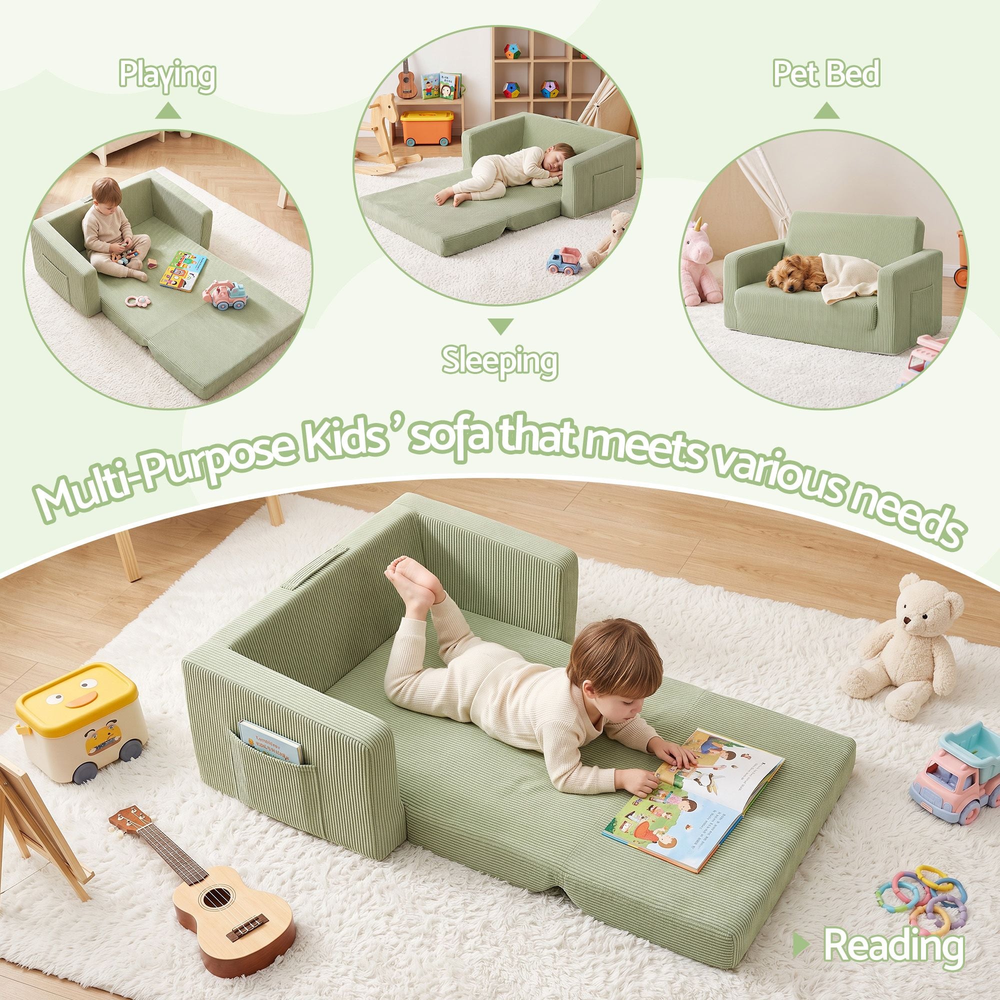 2-in-1 Foam Sofa Couch with Side Pocket - Light Green