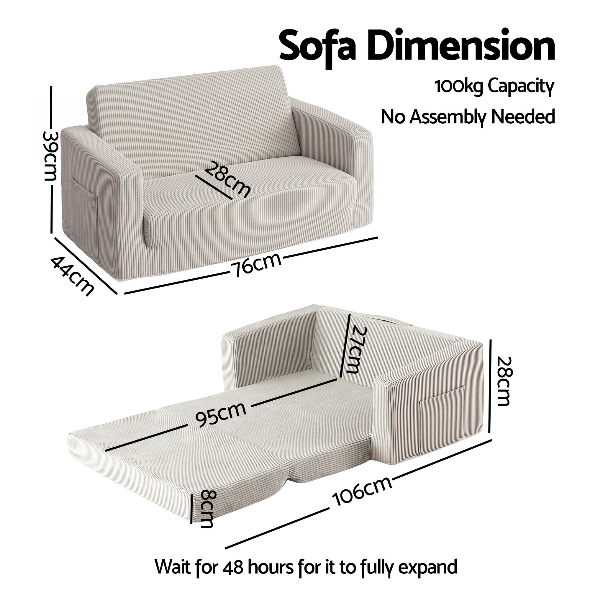 2-in-1 Foam Sofa Couch with Side Pocket - Light Grey