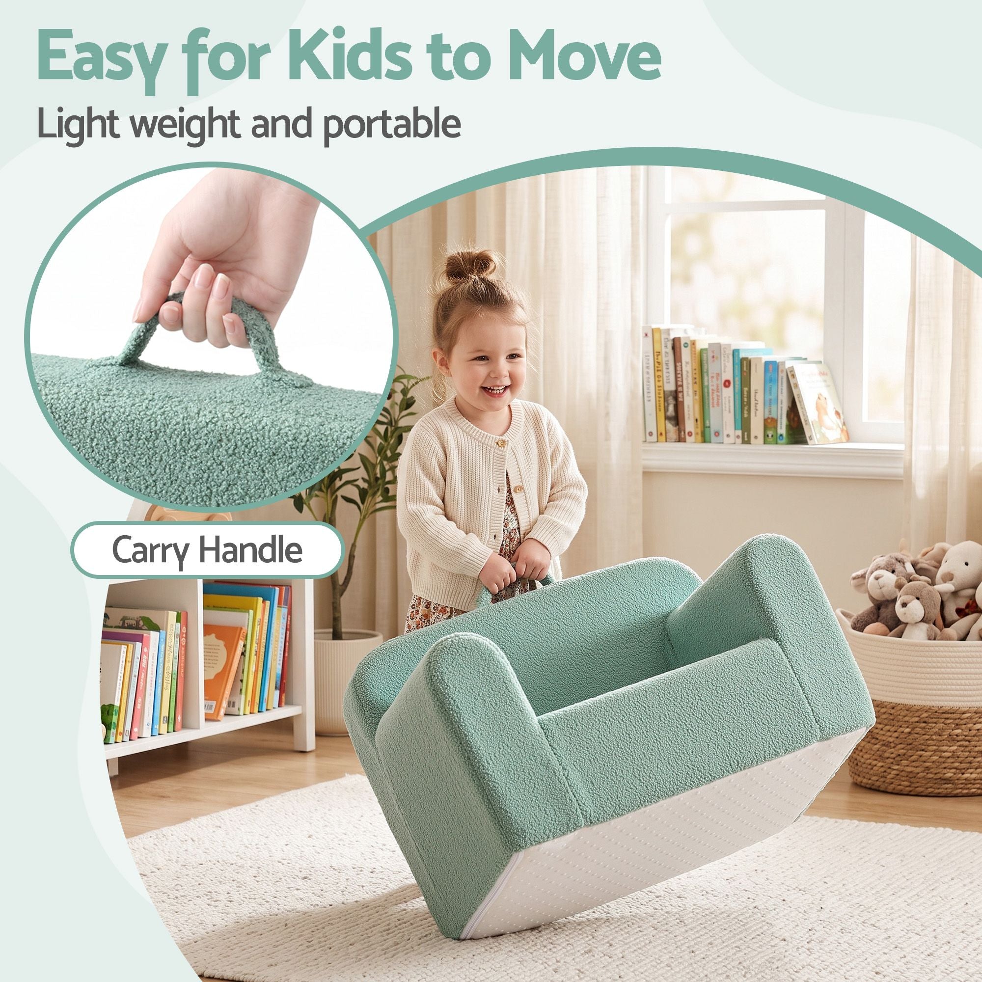 Foam Kids Sofa with Carry Handle and Removable Cover - Mint Green
