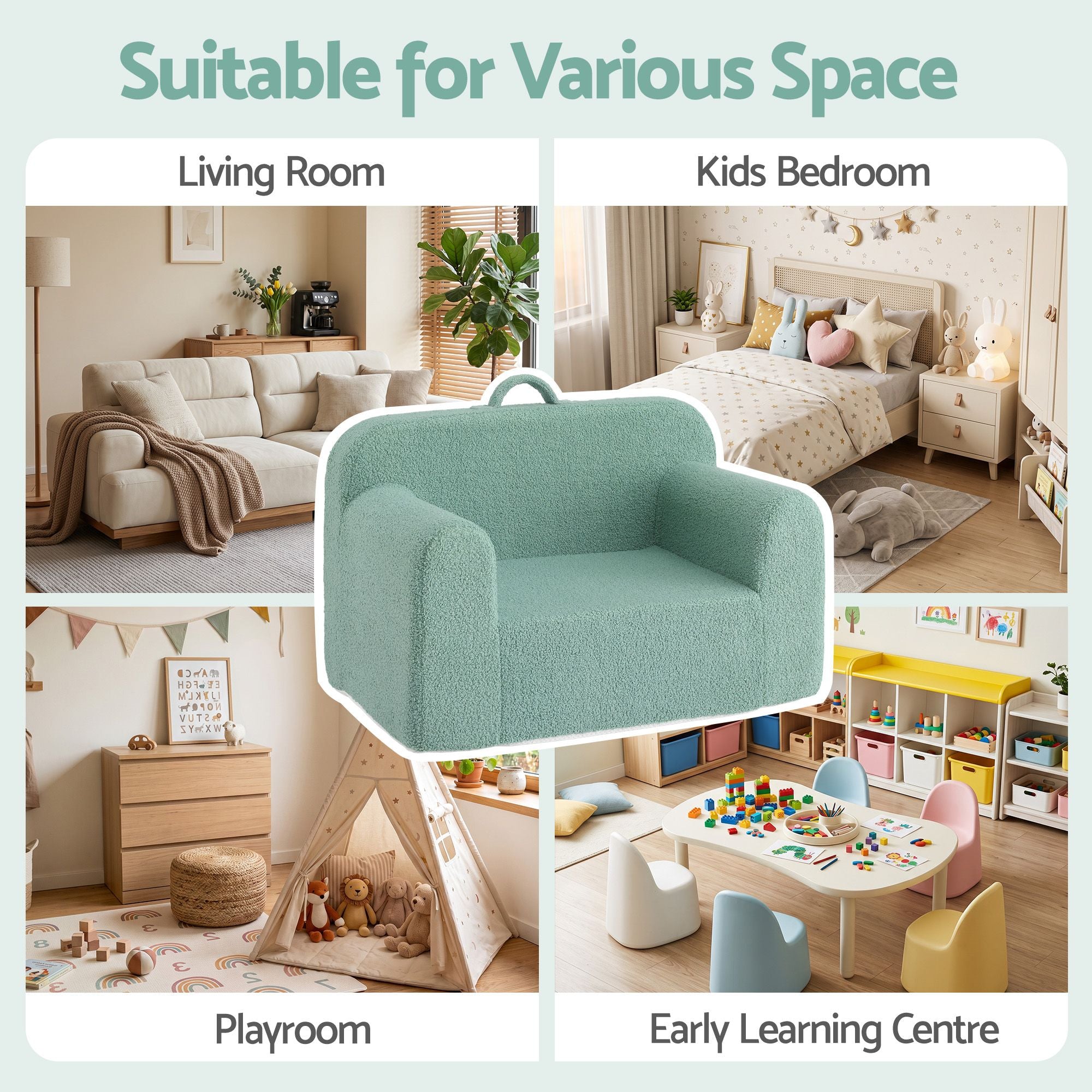 Foam Kids Sofa with Carry Handle and Removable Cover - Mint Green