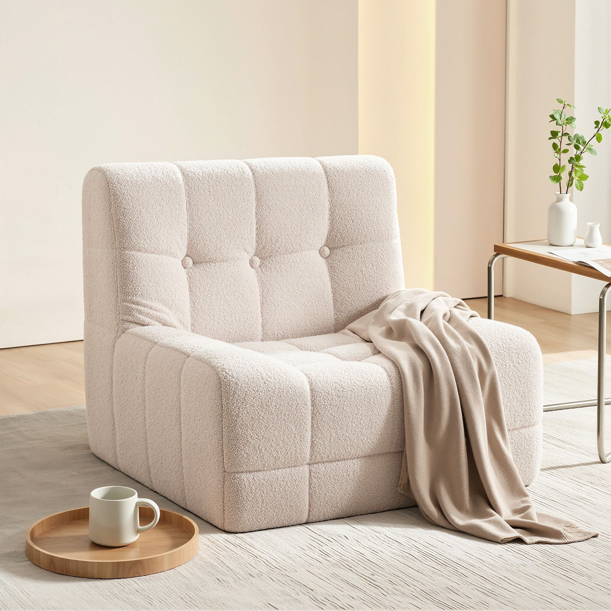Single Small Boneless Couches for Living Room White Fabric