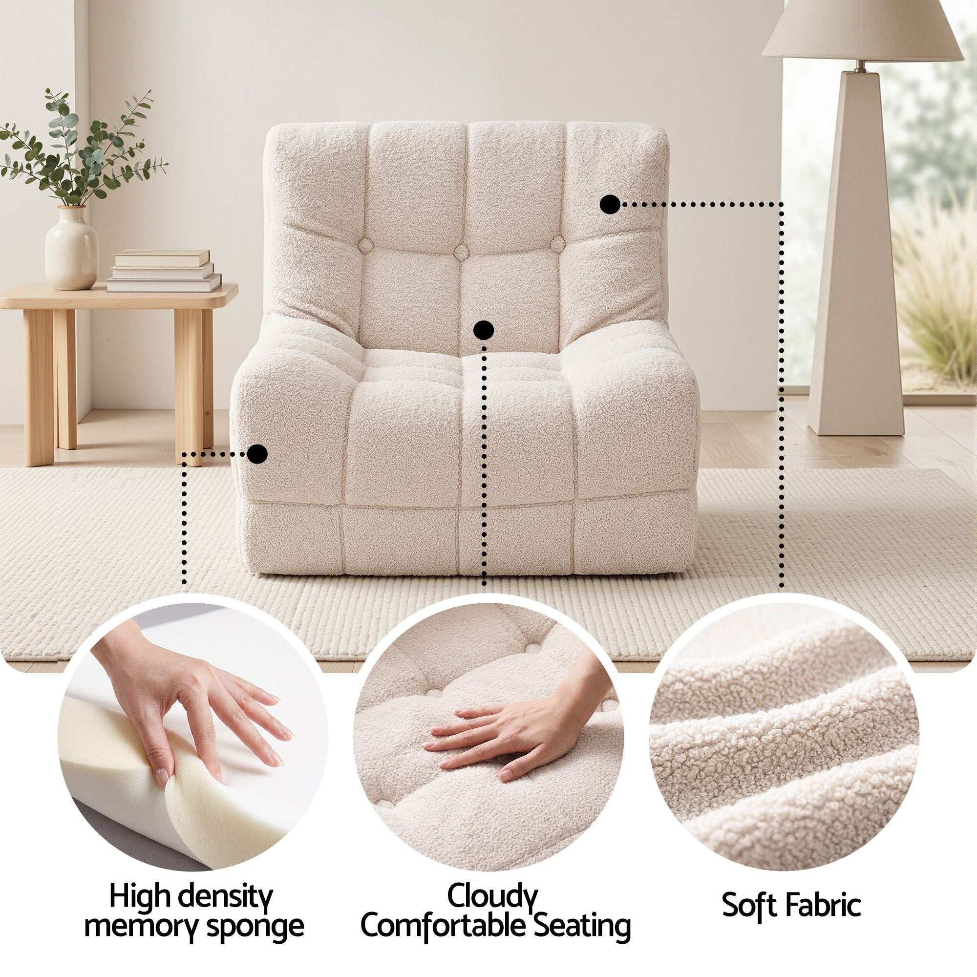 Single Small Boneless Couches for Living Room White Fabric