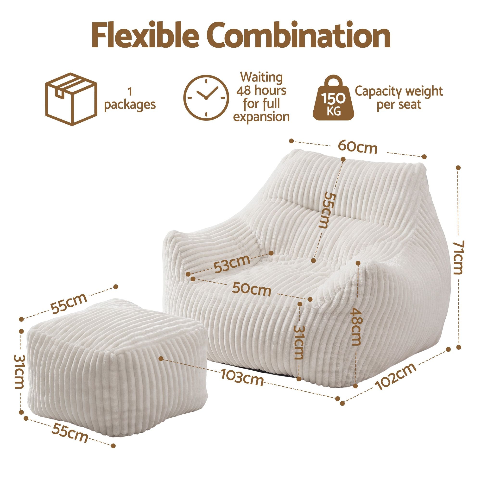 Bean Bag Sofa w/Ottoman Corduroy for Adults Teens White