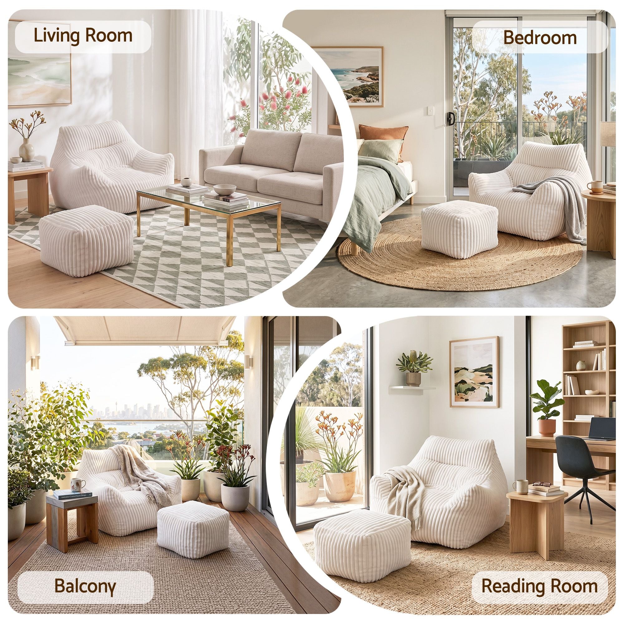 Bean Bag Sofa w/Ottoman Corduroy for Adults Teens White