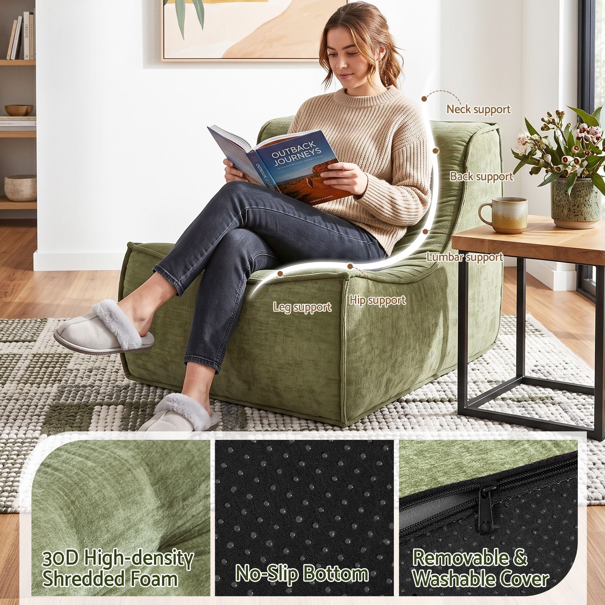 Artss Floor Sofa Armless Chenille No Assembly Removable Cover Green