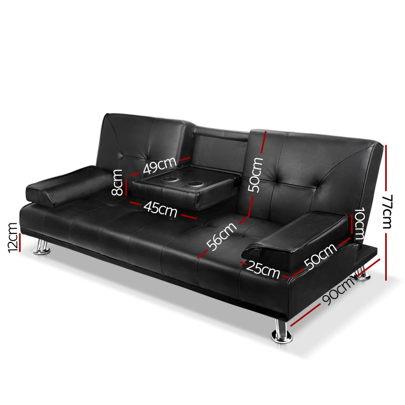 Black 3 Seater PU Leather Sofa Bed - Black with tufted backrest, chrome legs, and built-in armrest cup holder by Bedzy