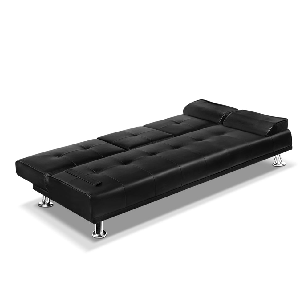3 Seater PU Leather Sofa Bed - Black with tufted upholstery, chrome legs, and adjustable headrests shown in flat bed position