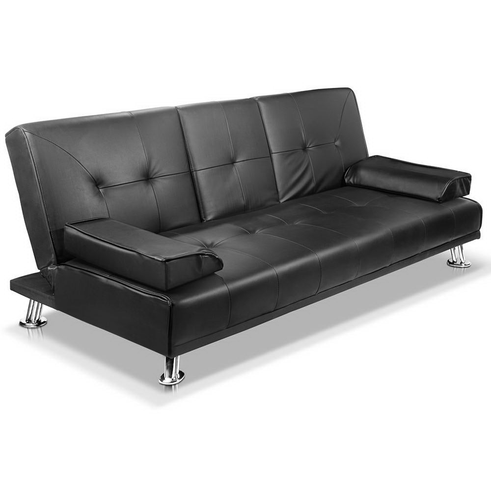 3 Seater PU Leather Sofa Bed - Black with tufted cushions, chrome legs, and removable armrests on white background