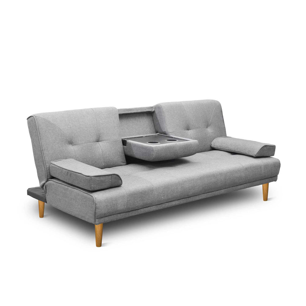 3 Seater Fabric Sofa Bed (Grey) with tufted cushions, wooden legs, and fold-down center tray for drinks or snacks