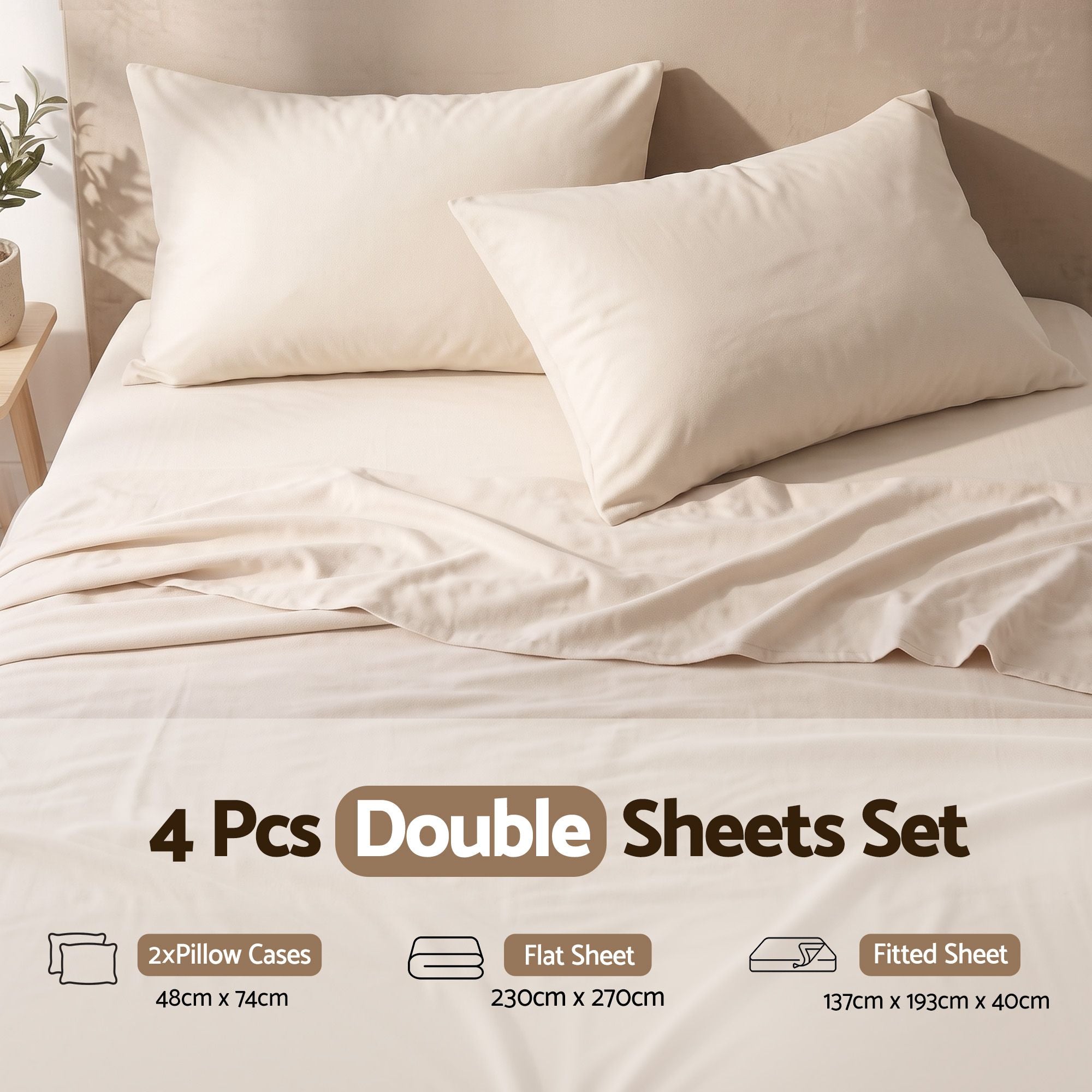 Double Sheet Set 150 GSM Anti-pilling Micro Flannel, Fast Drying Lightweight 4 Piece, 40CM Deep Pocket Fits Thick Mattress, Cream White