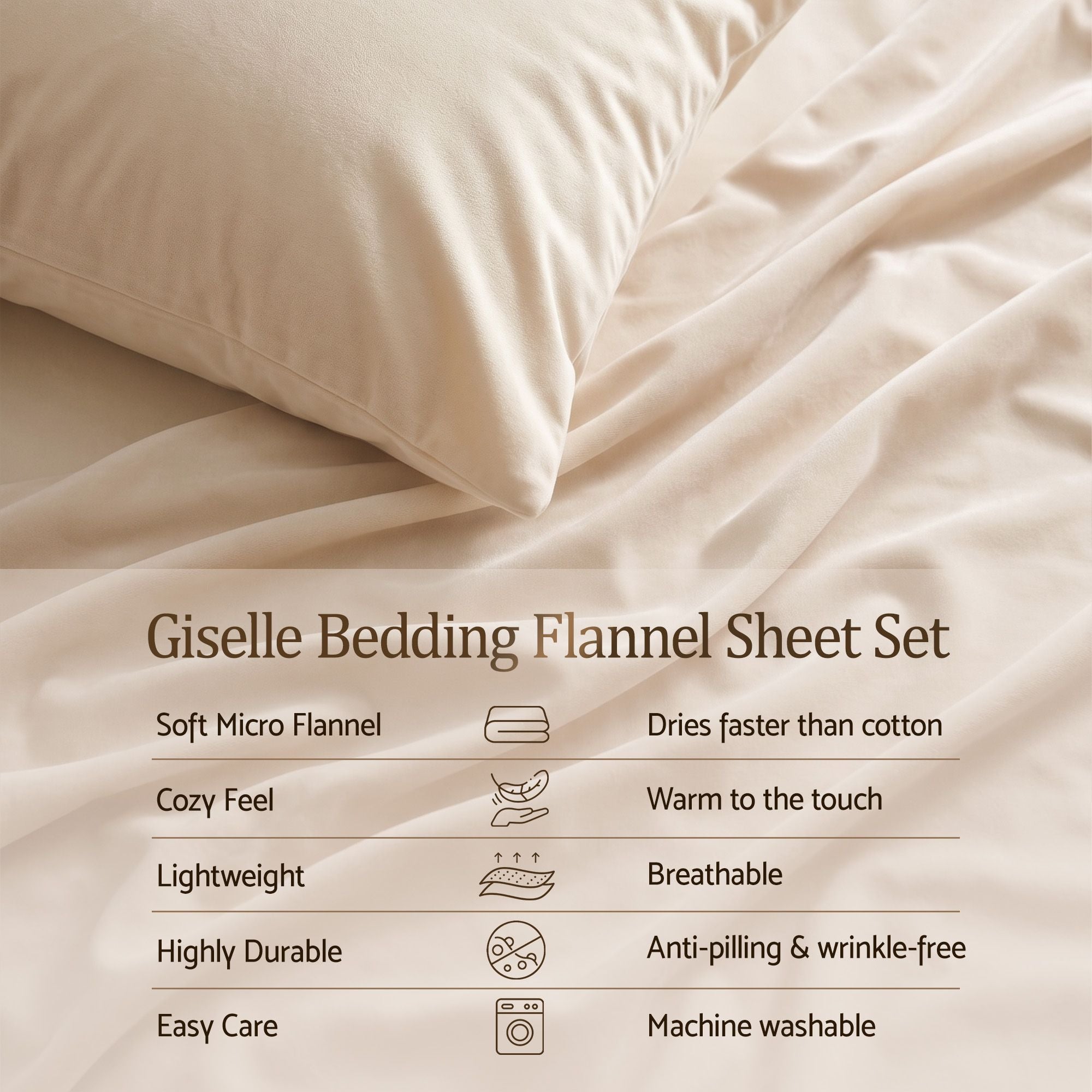 Double Sheet Set 150 GSM Anti-pilling Micro Flannel, Fast Drying Lightweight 4 Piece, 40CM Deep Pocket Fits Thick Mattress, Cream White