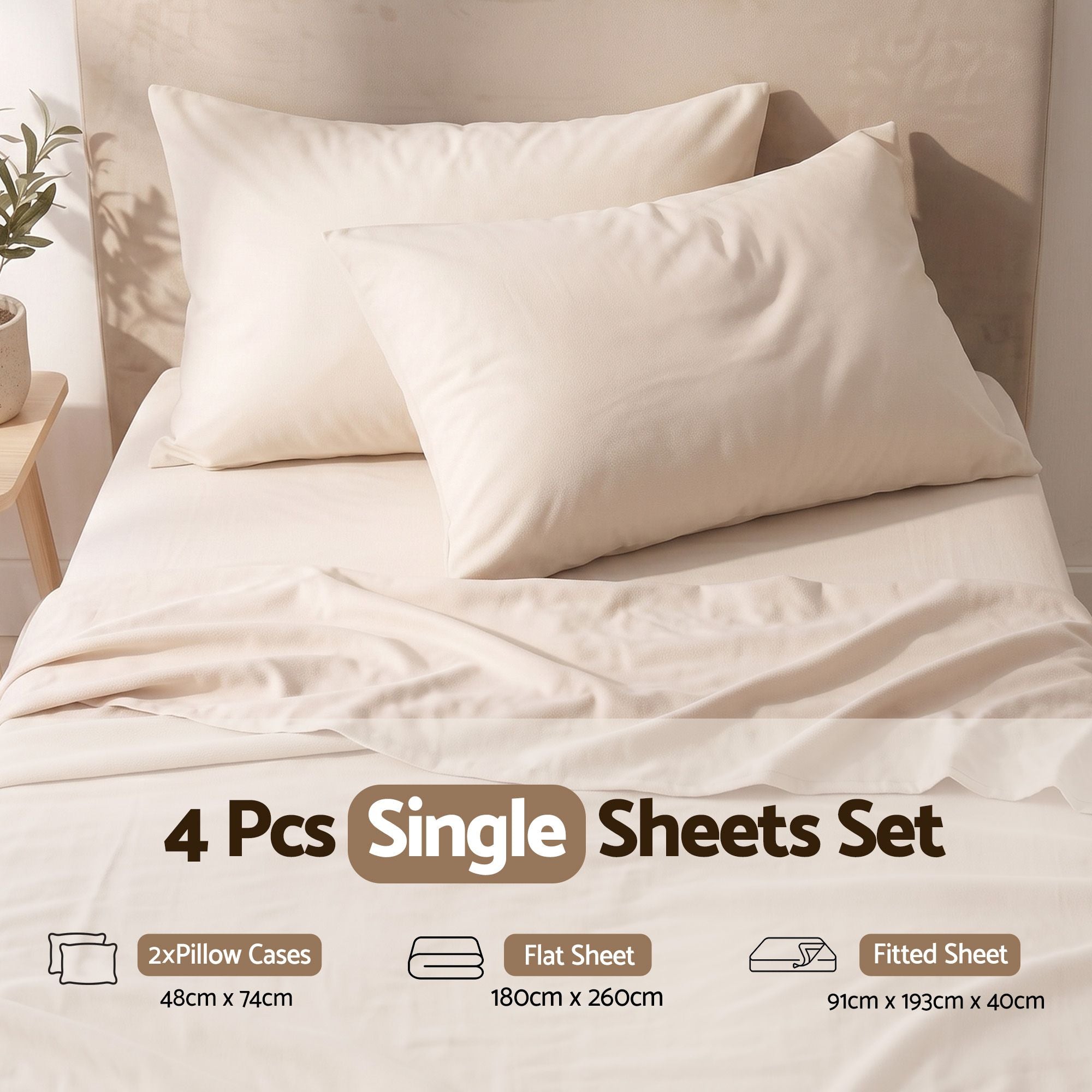 Single Sheet Set 150 GSM Anti-pilling Micro Flannel, Fast Drying Lightweight 4 Piece, 40CM Deep Pocket Fits Thick Mattress, Cream White