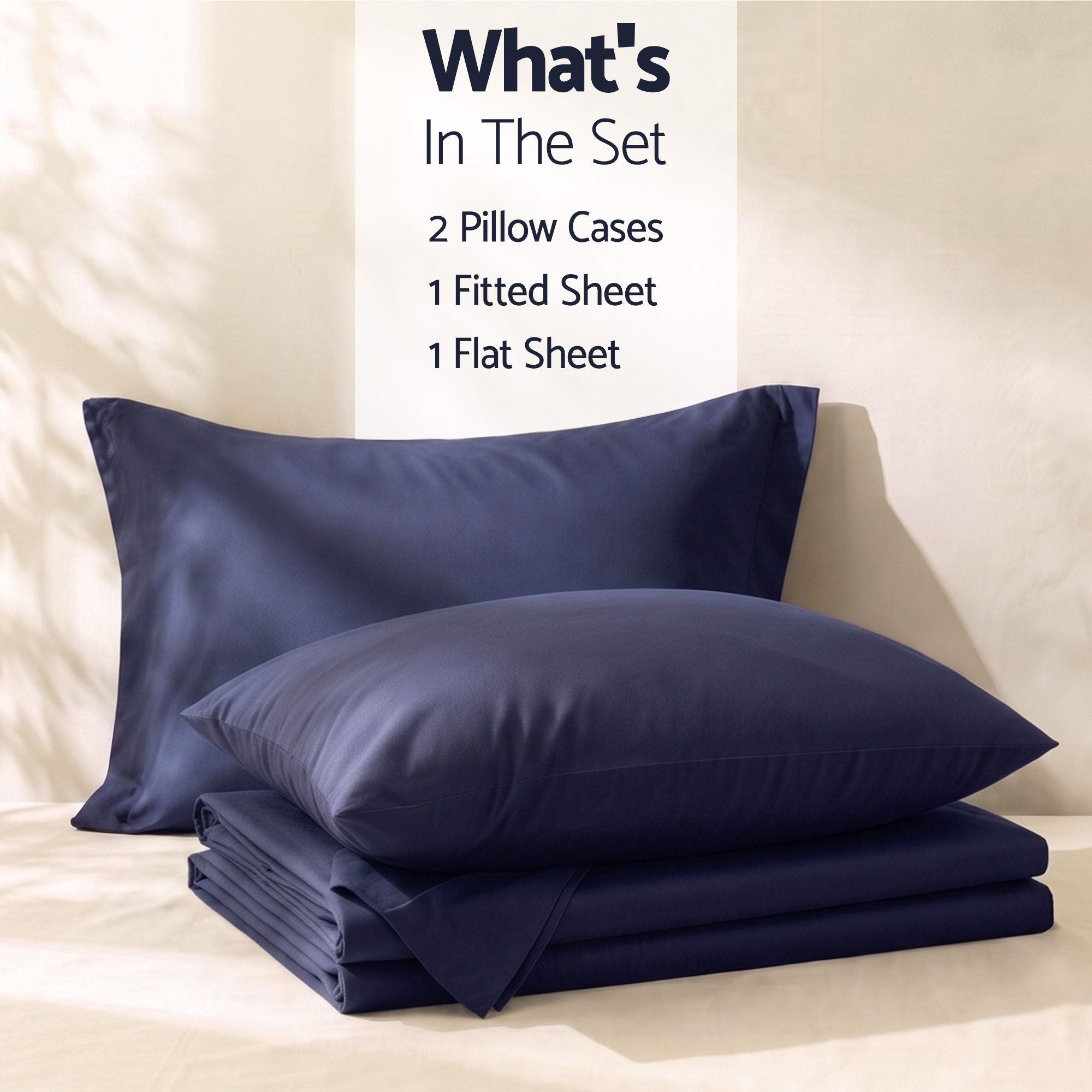 Double 500TC Cotton 4Pcs Sheet Set with 40cm Extra Deep Pocket for Thick Mattresses Sateen Weave for Sweaty Nights Navy Blue