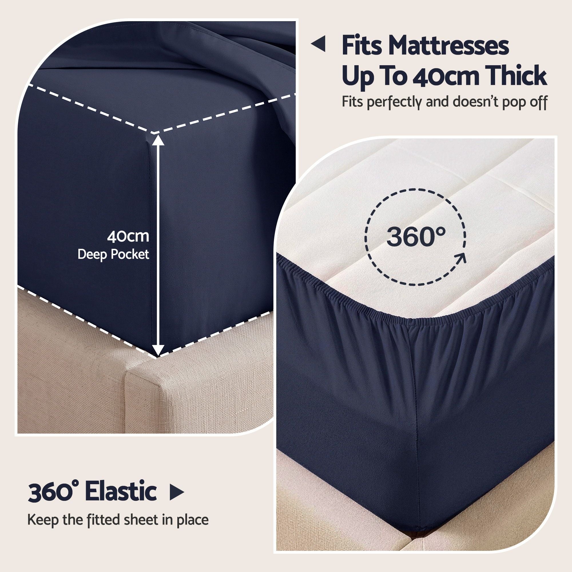 King 500TC Cotton 4Pcs Sheet Set with 40cm Extra Deep Pocket for Thick Mattresses Sateen Weave for Sweaty Nights Navy Blue