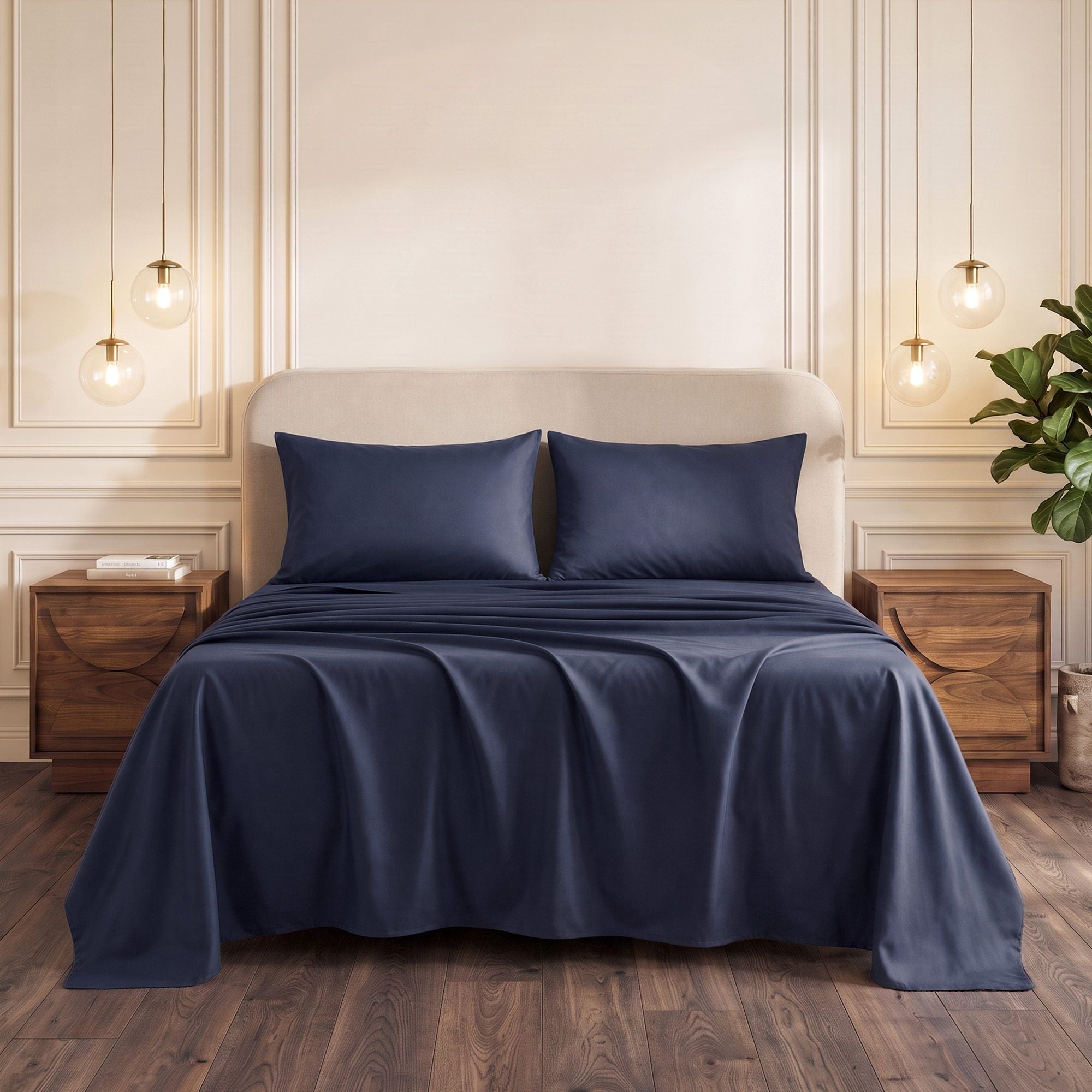 King 500TC Cotton 4Pcs Sheet Set with 40cm Extra Deep Pocket for Thick Mattresses Sateen Weave for Sweaty Nights Navy Blue