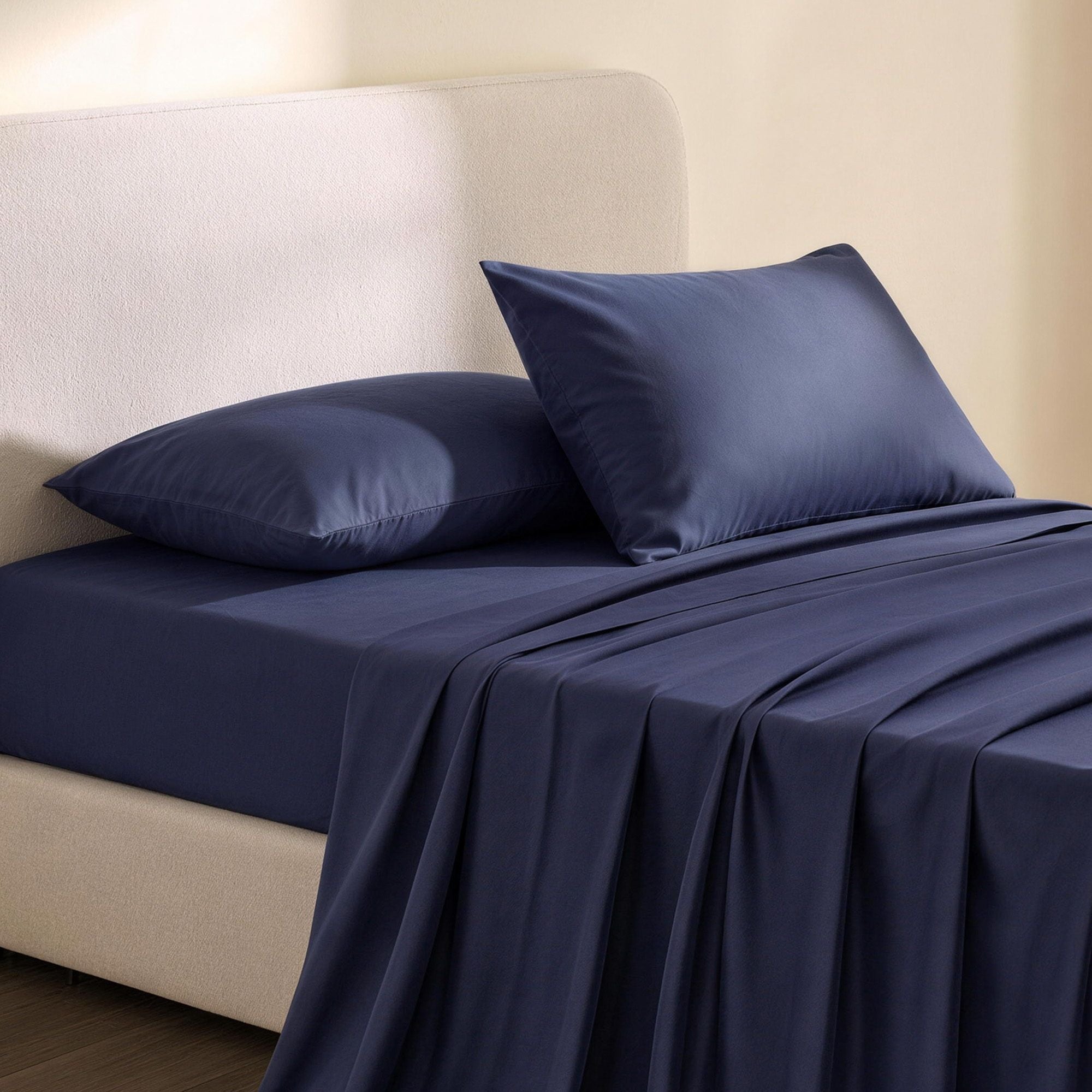 Kingsingle 500TC Cotton 4Pcs Sheet Set with 40cm Extra Deep Pocket for Thick Mattresses Sateen Weave for Sweaty Nights Navy Blue