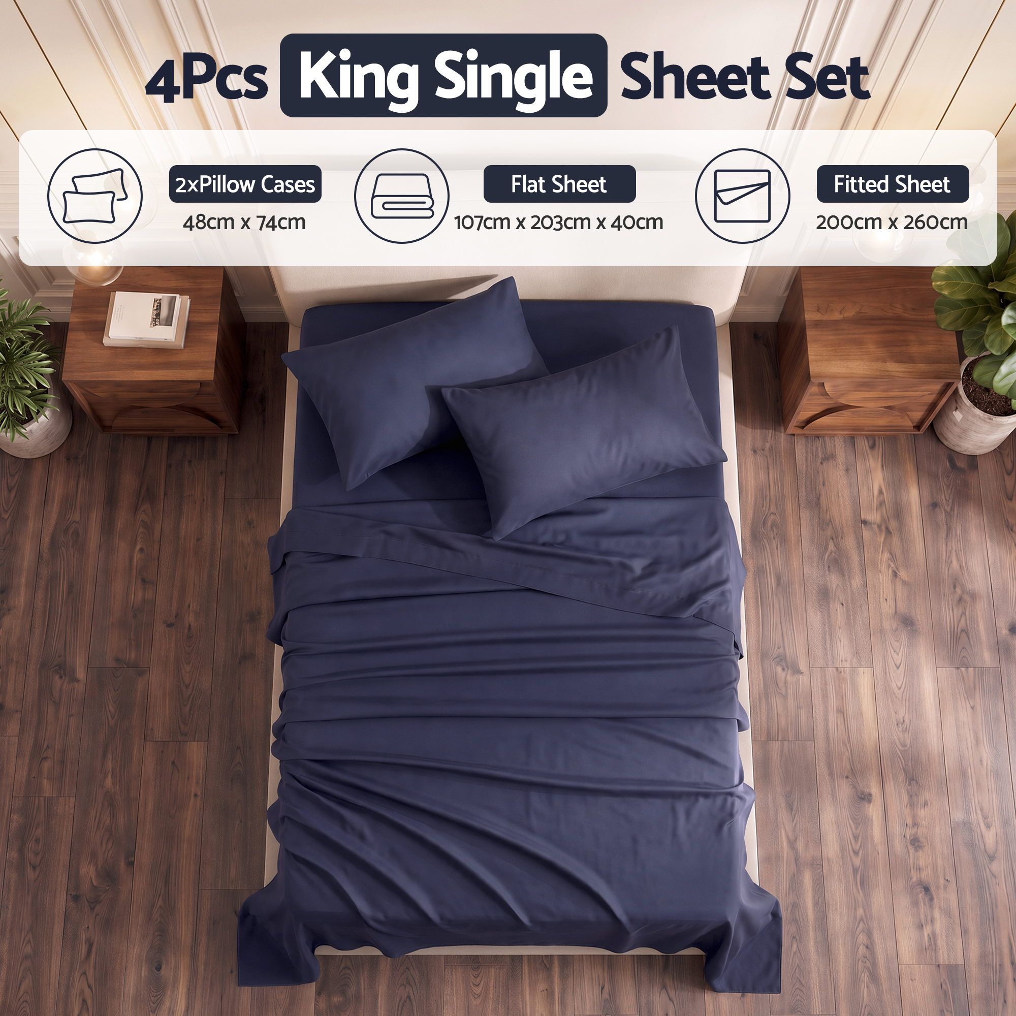 Kingsingle 500TC Cotton 4Pcs Sheet Set with 40cm Extra Deep Pocket for Thick Mattresses Sateen Weave for Sweaty Nights Navy Blue
