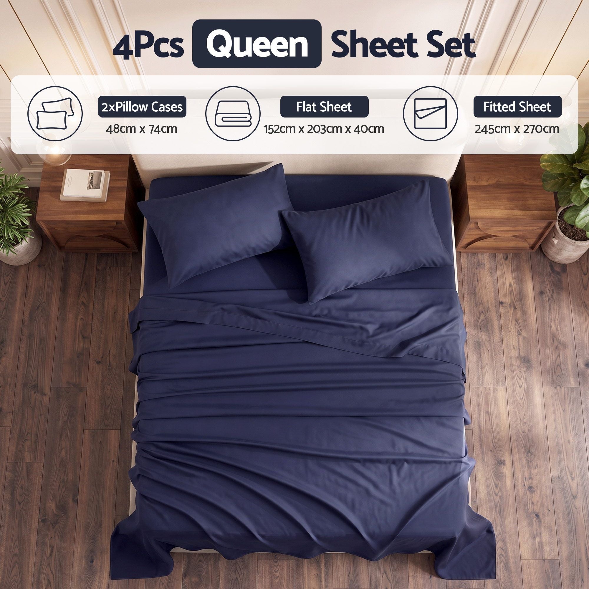 Queen 500TC Cotton 4Pcs Sheet Set with 40cm Extra Deep Pocket for Thick Mattresses Sateen Weave for Sweaty Nights Navy Blue