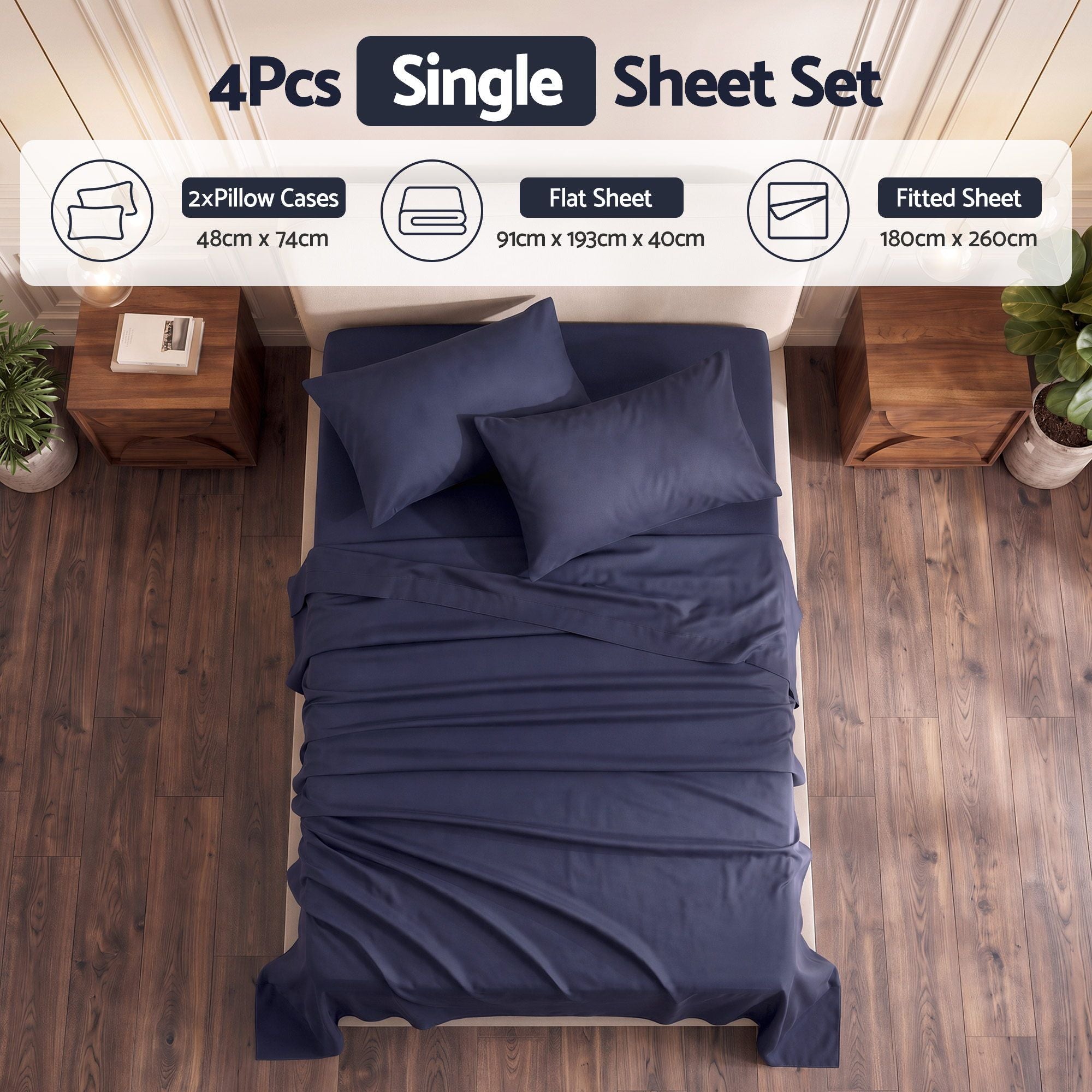 Single 500TC Cotton 4Pcs Sheet Set with 40cm Extra Deep Pocket for Thick Mattresses Sateen Weave for Sweaty Nights Navy Blue