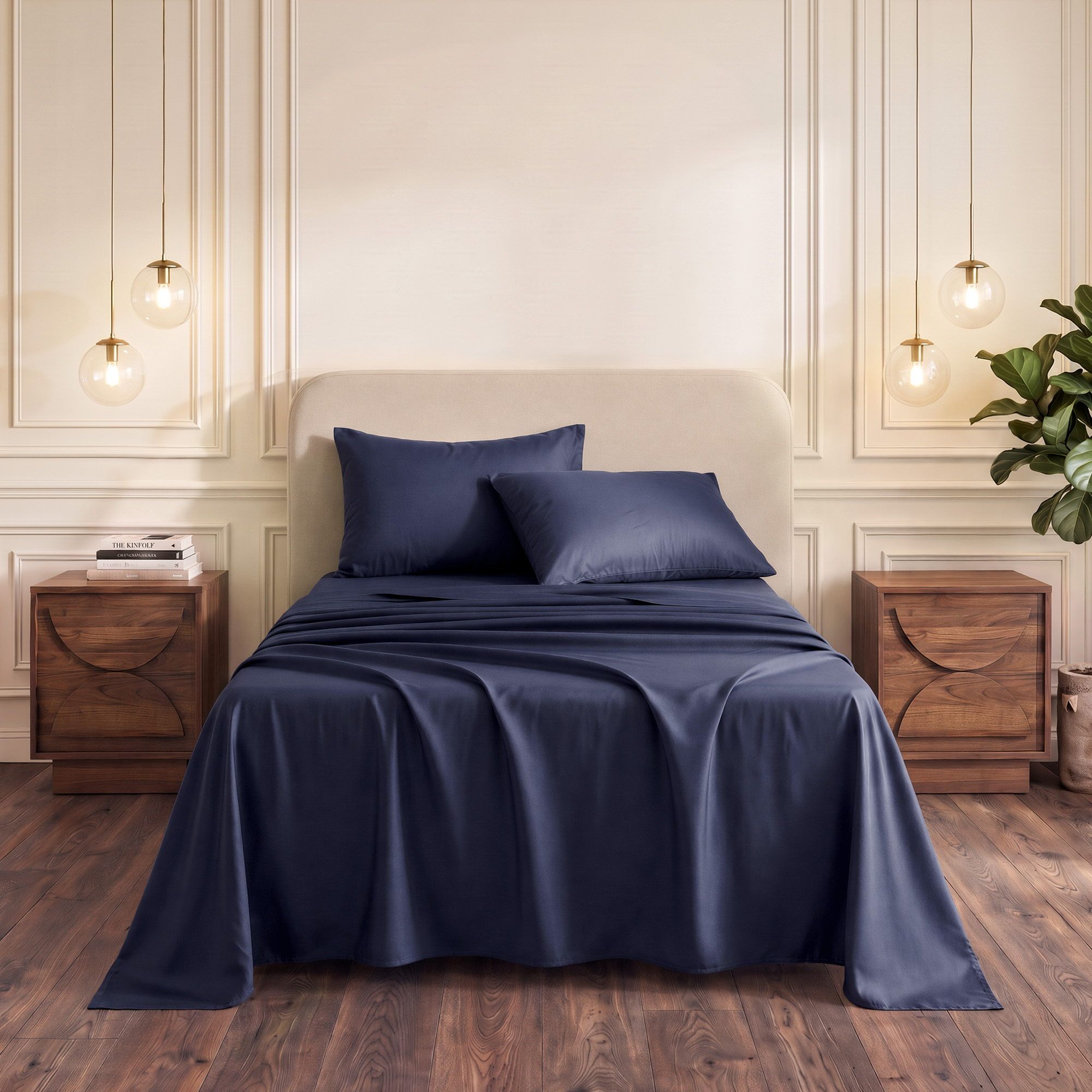 Single 500TC Cotton 4Pcs Sheet Set with 40cm Extra Deep Pocket for Thick Mattresses Sateen Weave for Sweaty Nights Navy Blue