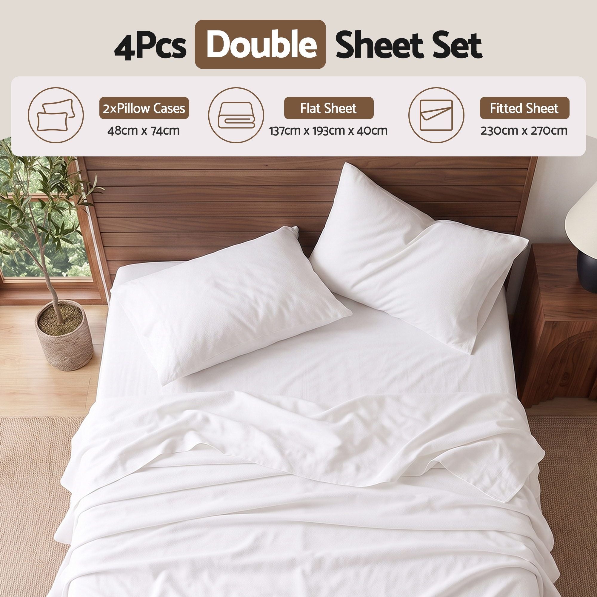 Double 500TC Cotton 4Pcs Sheet Set with 40cm Extra Deep Pocket for Thick Mattresses Sateen Weave for Sweaty Nights White