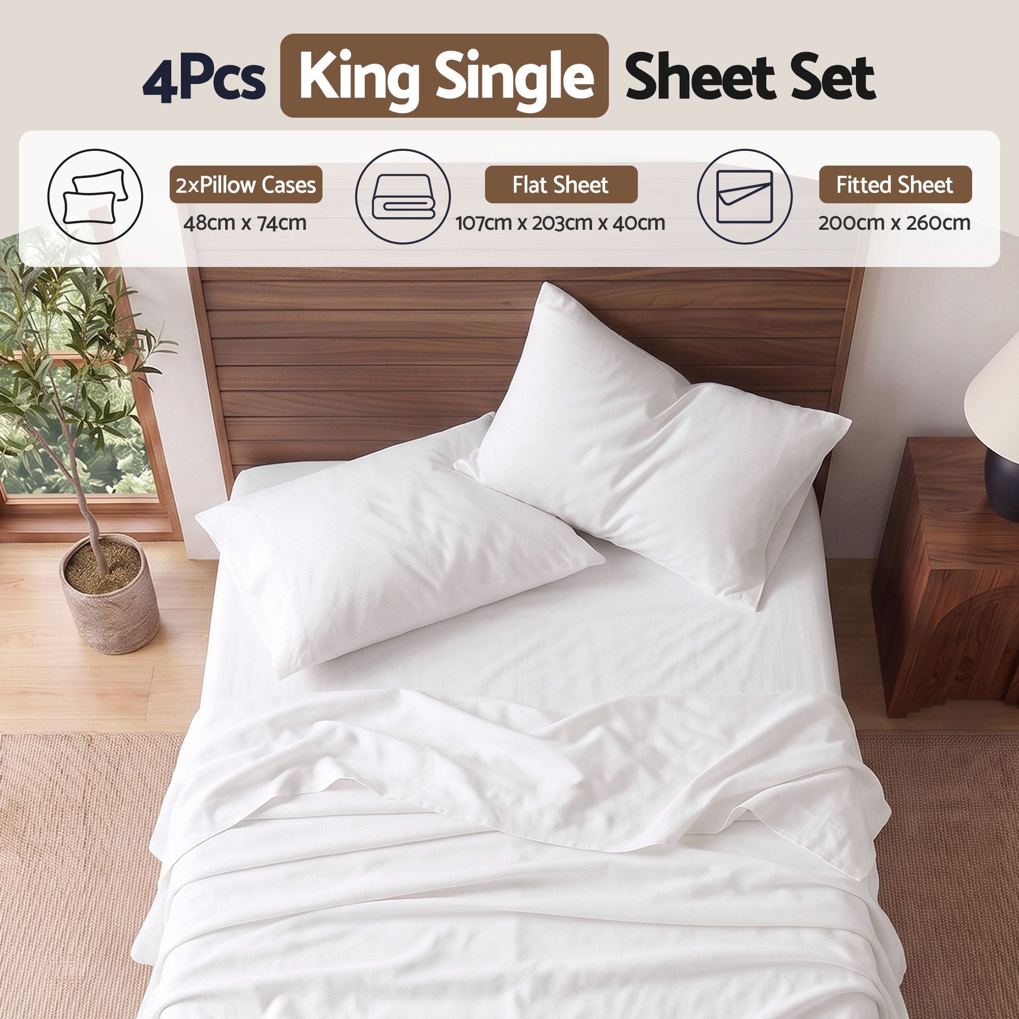 Kingsingle 500TC Cotton 4Pcs Sheet Set with 40cm Extra Deep Pocket for Thick Mattresses Sateen Weave for Sweaty Nights White