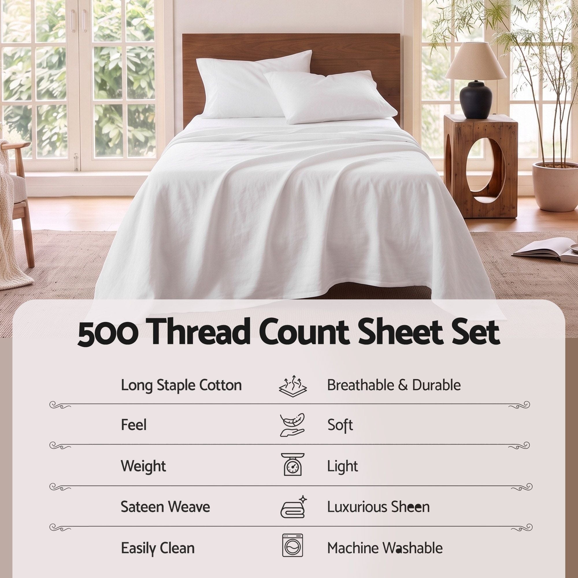 Kingsingle 500TC Cotton 4Pcs Sheet Set with 40cm Extra Deep Pocket for Thick Mattresses Sateen Weave for Sweaty Nights White