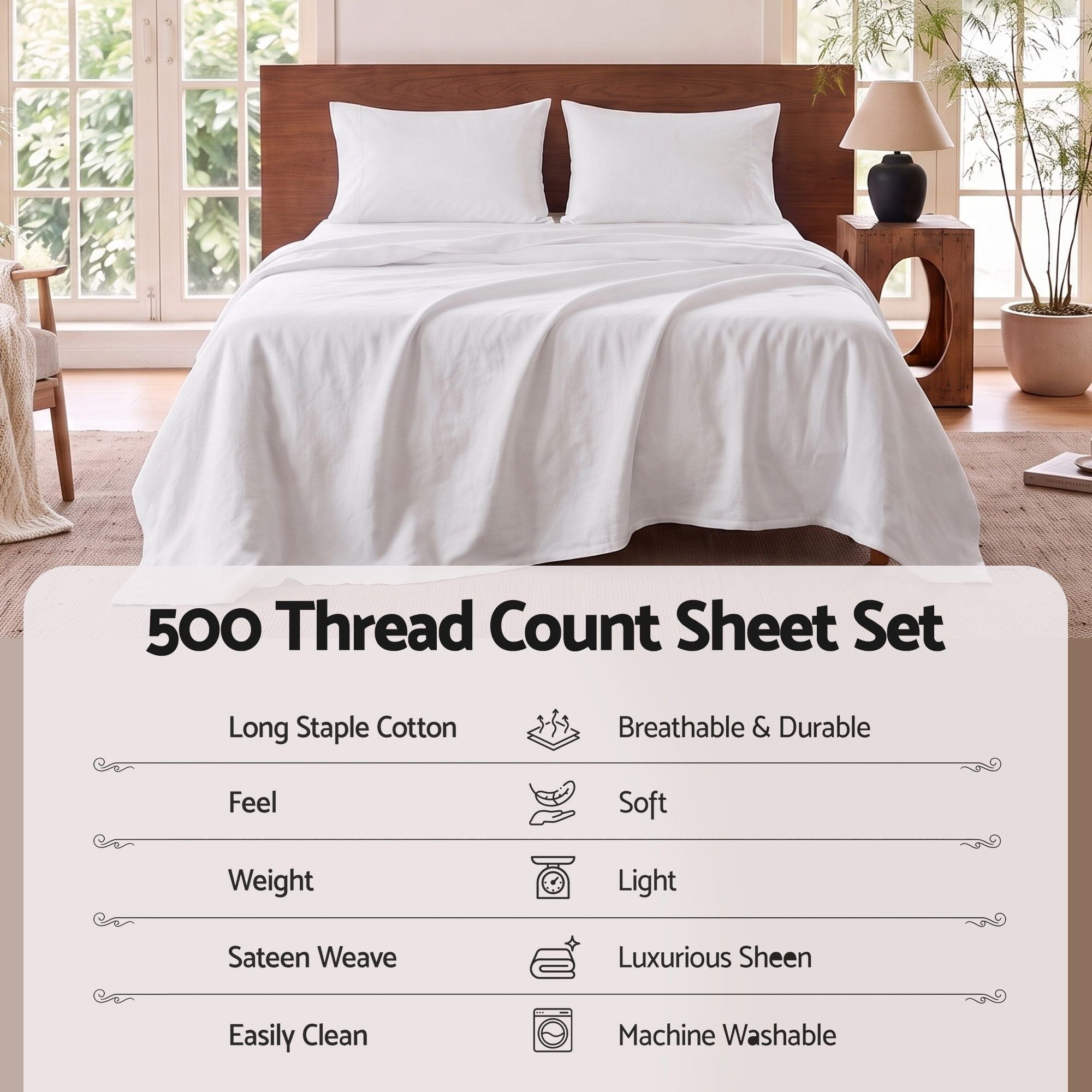 Queen 500TC Cotton 4Pcs Sheet Set with 40cm Extra Deep Pocket for Thick Mattresses Sateen Weave for Sweaty Nights White
