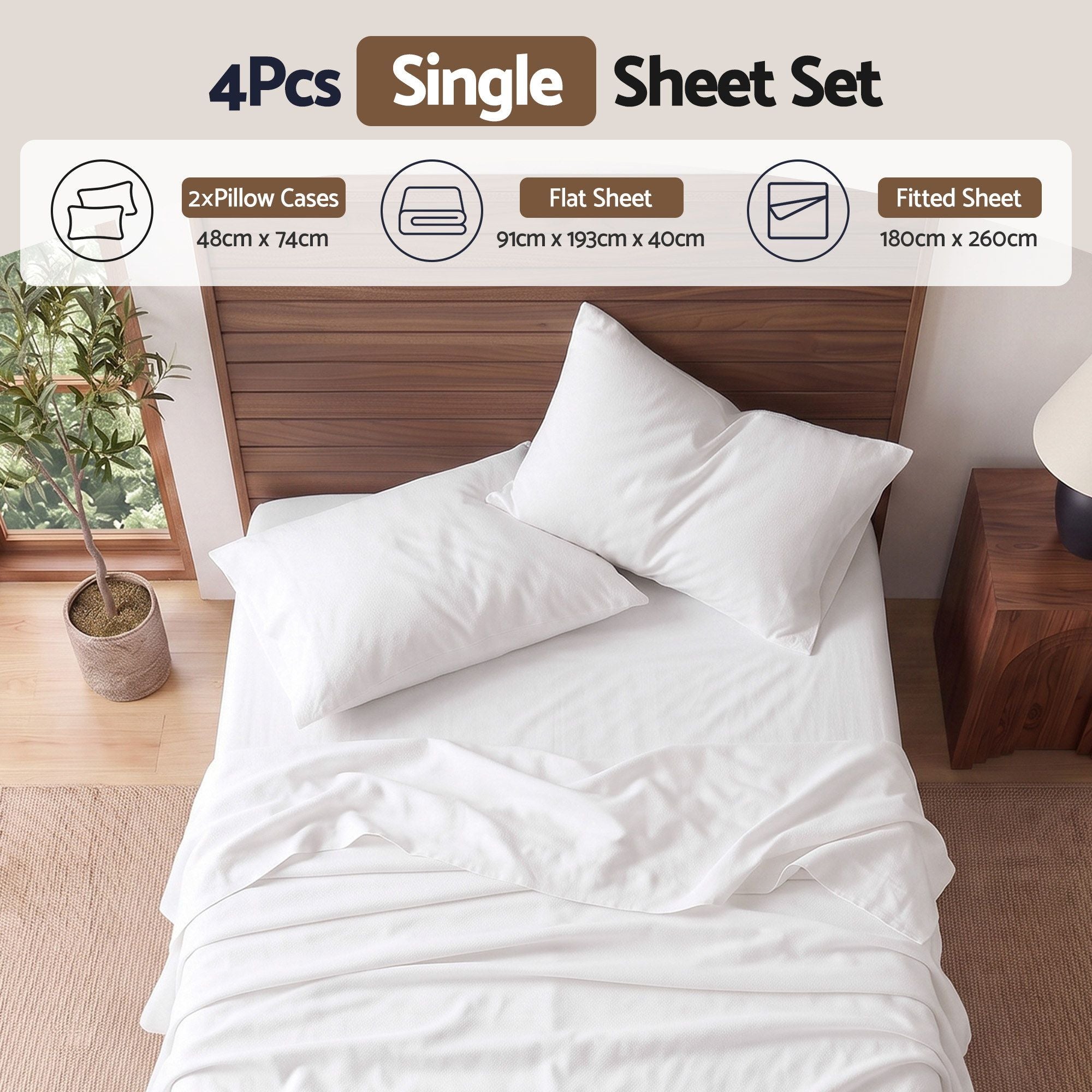 Single 500TC Cotton 4Pcs Sheet Set with 40cm Extra Deep Pocket for Thick Mattresses Sateen Weave for Sweaty Nights White
