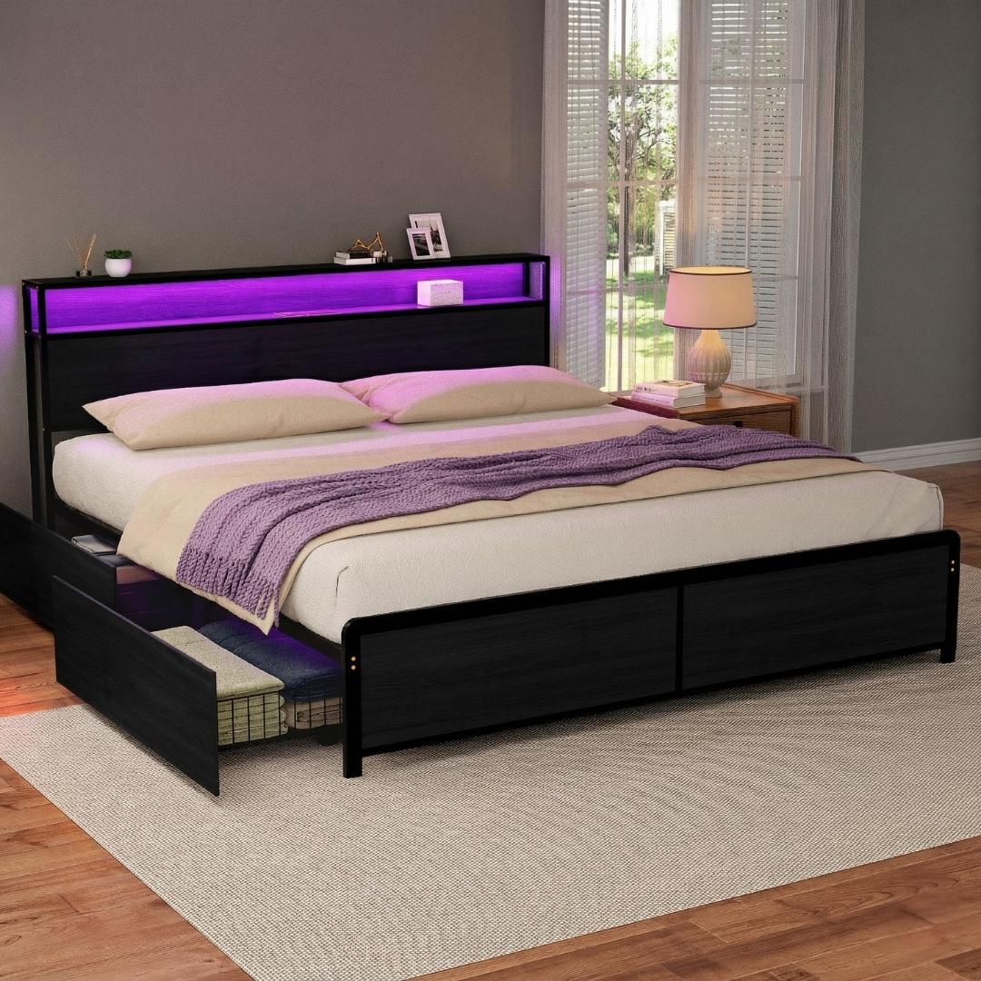 Sky King LED Bed Frame with Storage Drawers & Charging Ports – Black