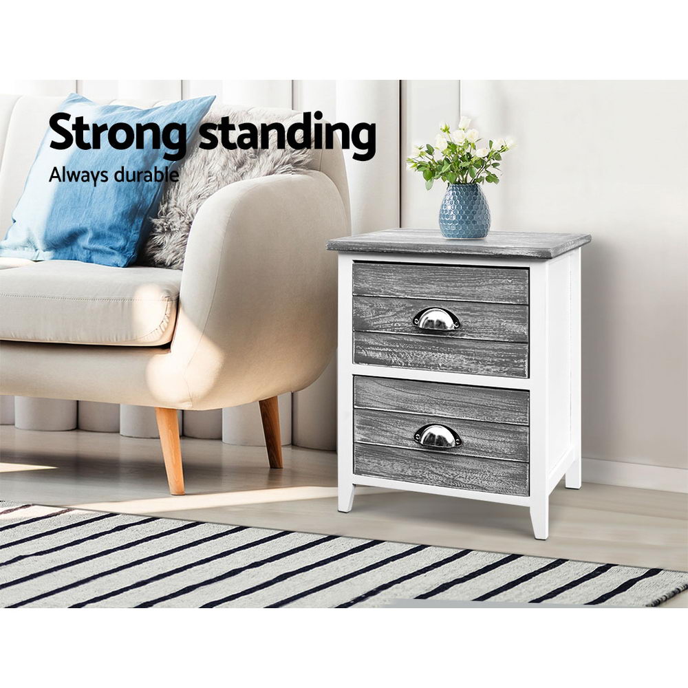 Set of 2 Vintage Style Bedside Tables - Grey & White