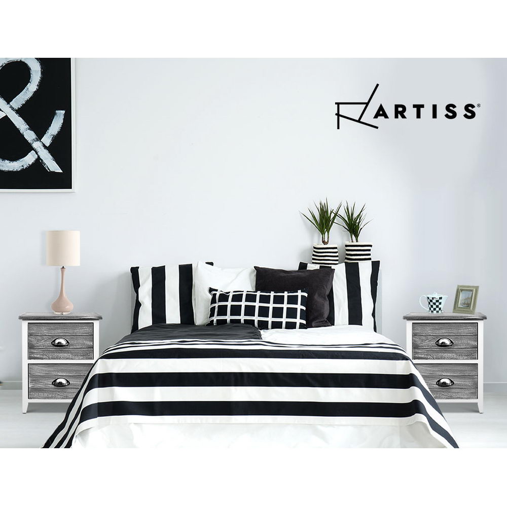 Set of 2 Vintage Style Bedside Tables - Grey & White