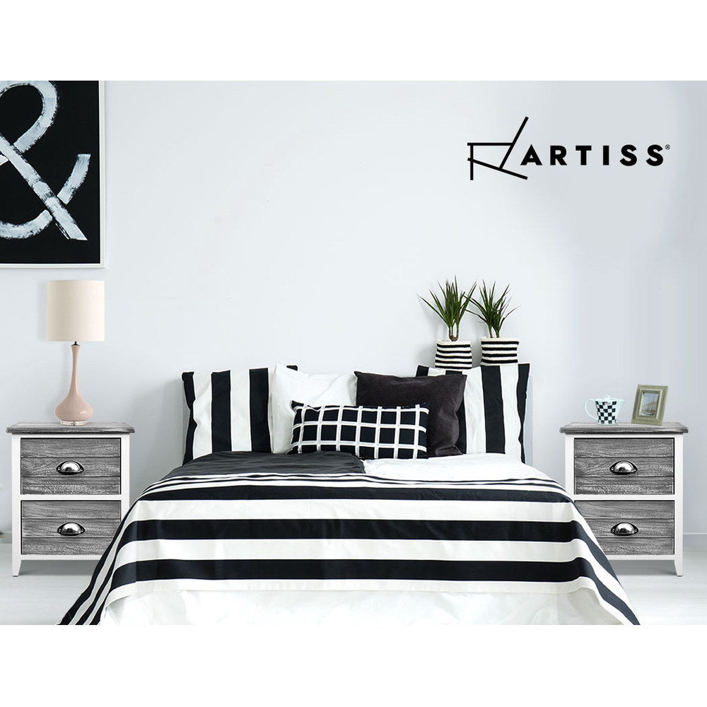 Set of 2 Vintage Style Bedside Tables - Grey & White