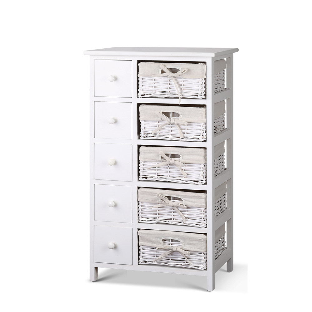 5 Basket Storage Drawers - White tallboy with wooden frame and woven baskets, perfect for bedroom furniture by Bedzy