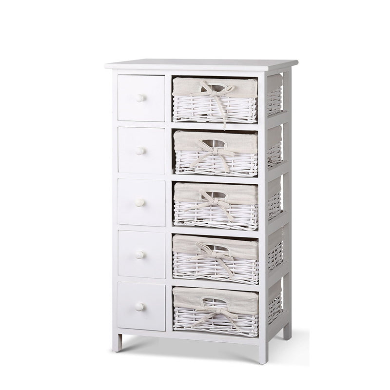5 Basket Storage Drawers - White tallboy with wooden frame and woven baskets, perfect for bedroom furniture by Bedzy